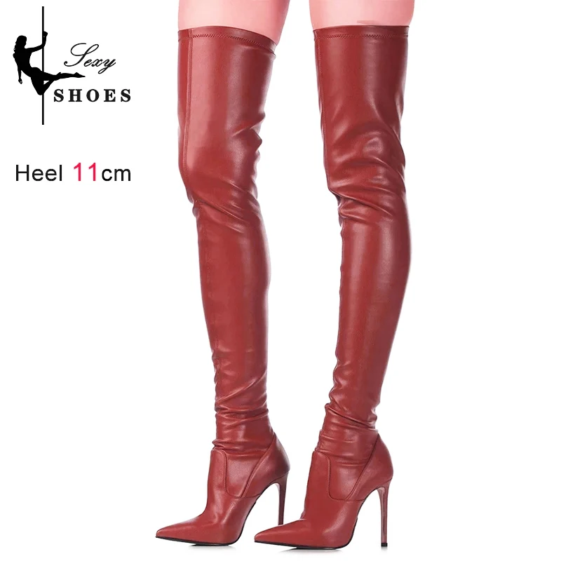 Wine red Sexy High Heels Stretch Leather Over-the-Knee Women\'s Boots Pointed Toe Thigh High Long Boots Slip-On Feminina Shoes