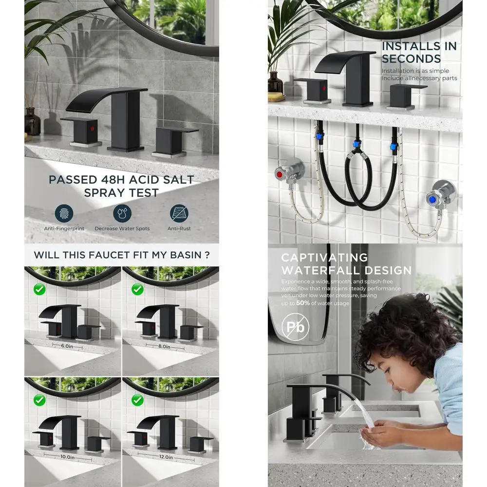 

8 Widespread Square Waterfall 3-Hole Brushed Nickel Bathroom Faucet with Metal Pop-Up Drain and Supply Lines for Vanity Sinks