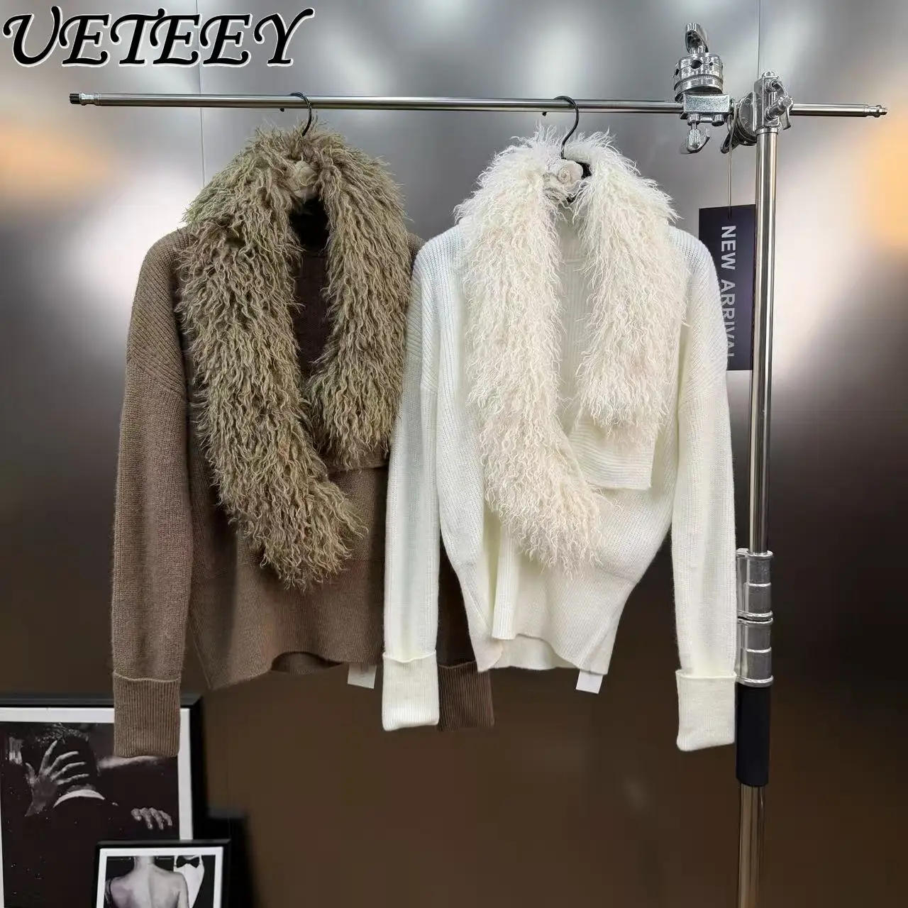 

2026 Spring French Style Socialite V-Neck Cross Big Fur Collar Sweater Long Sleeve Waist-Cinching Patchwork Knitted Top