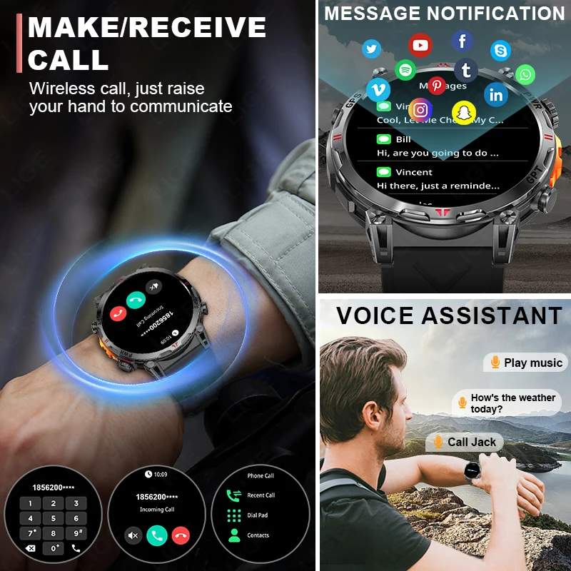 LIGE Smart Watch GPS Sport all'aria aperta Smartwatch Assistente vocale Chiamata Bluetooth Monitoraggio della frequenza cardiaca 100 + Modalità sportiva Smart Watch