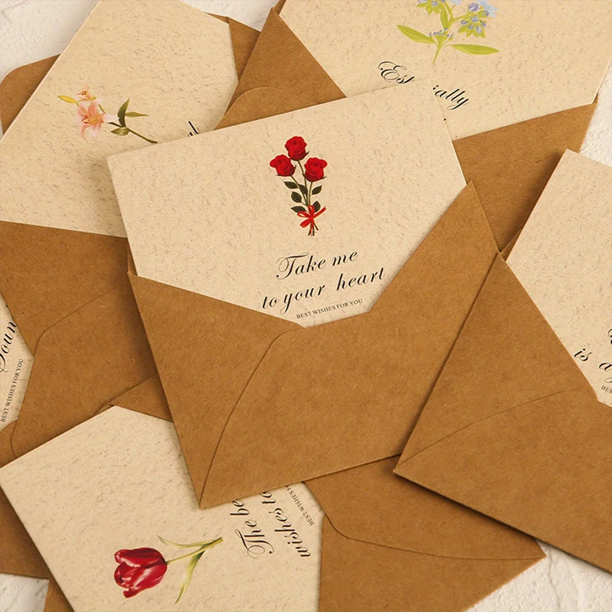 6 Pcs Set Creative Flower Pattern Blessing Festival Greeting Card Envelope Invitation Business Wedding Birthday Kraft Paper Card