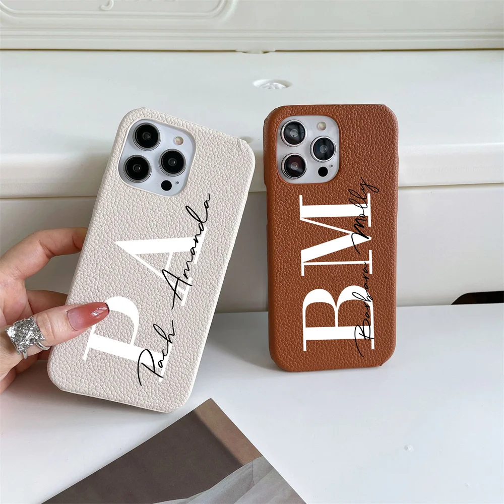 Personalise Initial Name Letter Leather Hard Phone Case For iPhone 17 16 15 14 13 12 11 Pro Max XR Plus Luxury Custom Back Cover