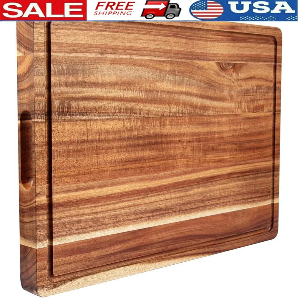 

20 Inch Acacia Wood Cutting Board Reversible Kitchen Charcuterie Board Juice Groove Easy Clean Durable Handles Heavy Duty