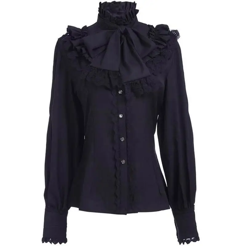 2026 Summer Women's Lolita Blouse Shirt  High Neck Ruffle Lace Bow Tie Lantern Sleeve Elegant Party Top Clothing view 5