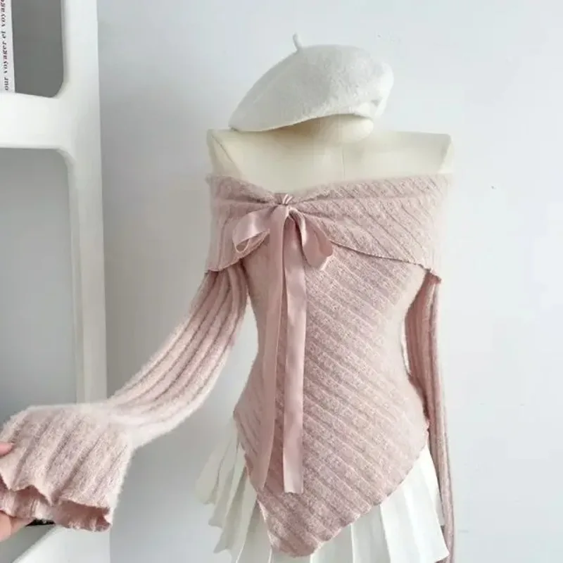 French Style Causal Sweet Pink Sweater Women Clothing Autumn Winter Off Shoulder Slim Bow Knitted Pullover Women 2024 Clothing