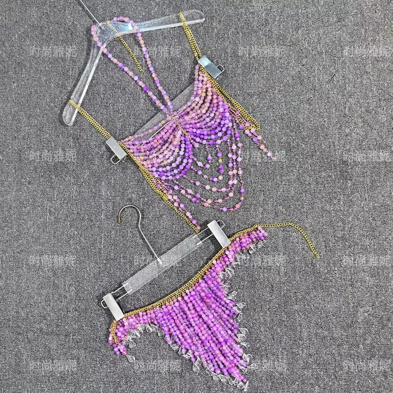 2025 New Purple Beaded Spice Girl Body Chain Hanging Neck Outer Tops Halter Women Beach Gemstone Corset Set