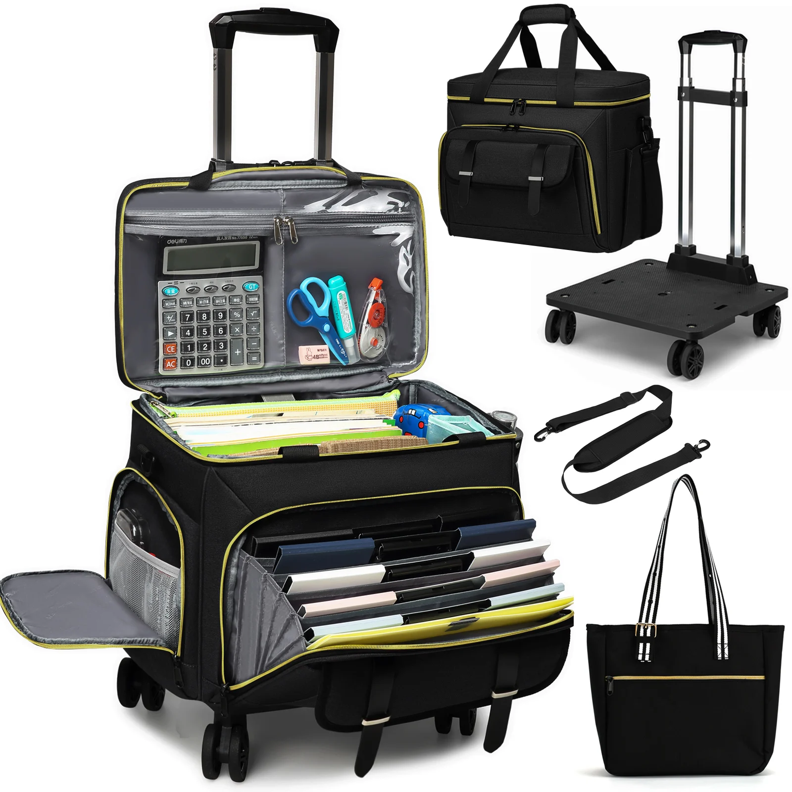 Multi Functional Rolling Teacher Tote Bag Portable Laptop Document 15.6In Laptop Wheeled Teacher Bag Detachable Wheels for Women