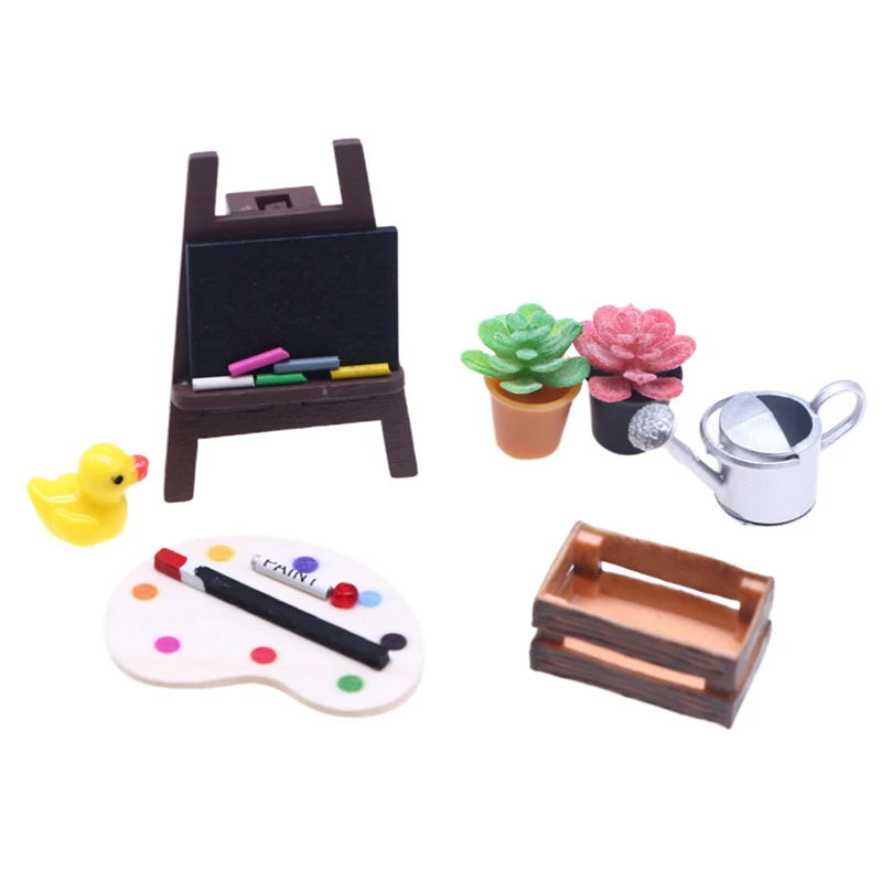 1Set 1:12 Dollhouse Miniature Painting Easel Palette Storage Box Potted Plant Kettle Outdoor Drawing Scene Decor Toy