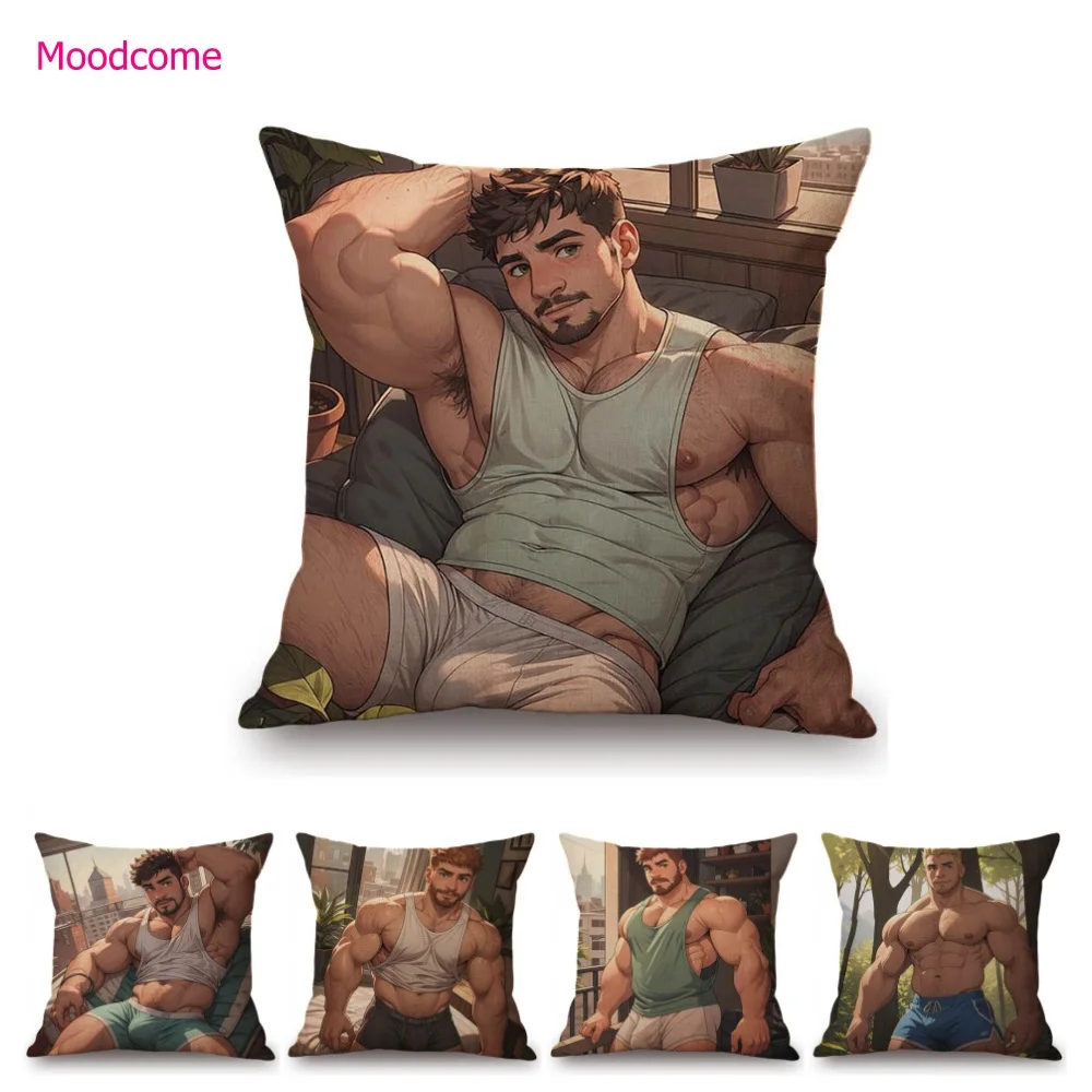 Sexy Hot Muscles Man Cartoon Hunk Boy Tempting Body Sofa throw Pillow Case Gay Pride Home  Decorative Cushion Cover Cotton Linen