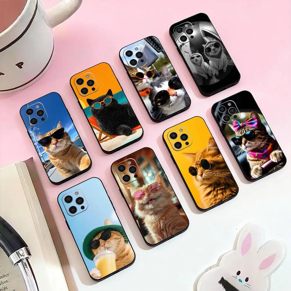 

Cute Cool Sunglasses Cat Phone Case For iPhone 17,16,15,14,13,12,11 Plus,Pro Max,Soft Silicone Black Cover
