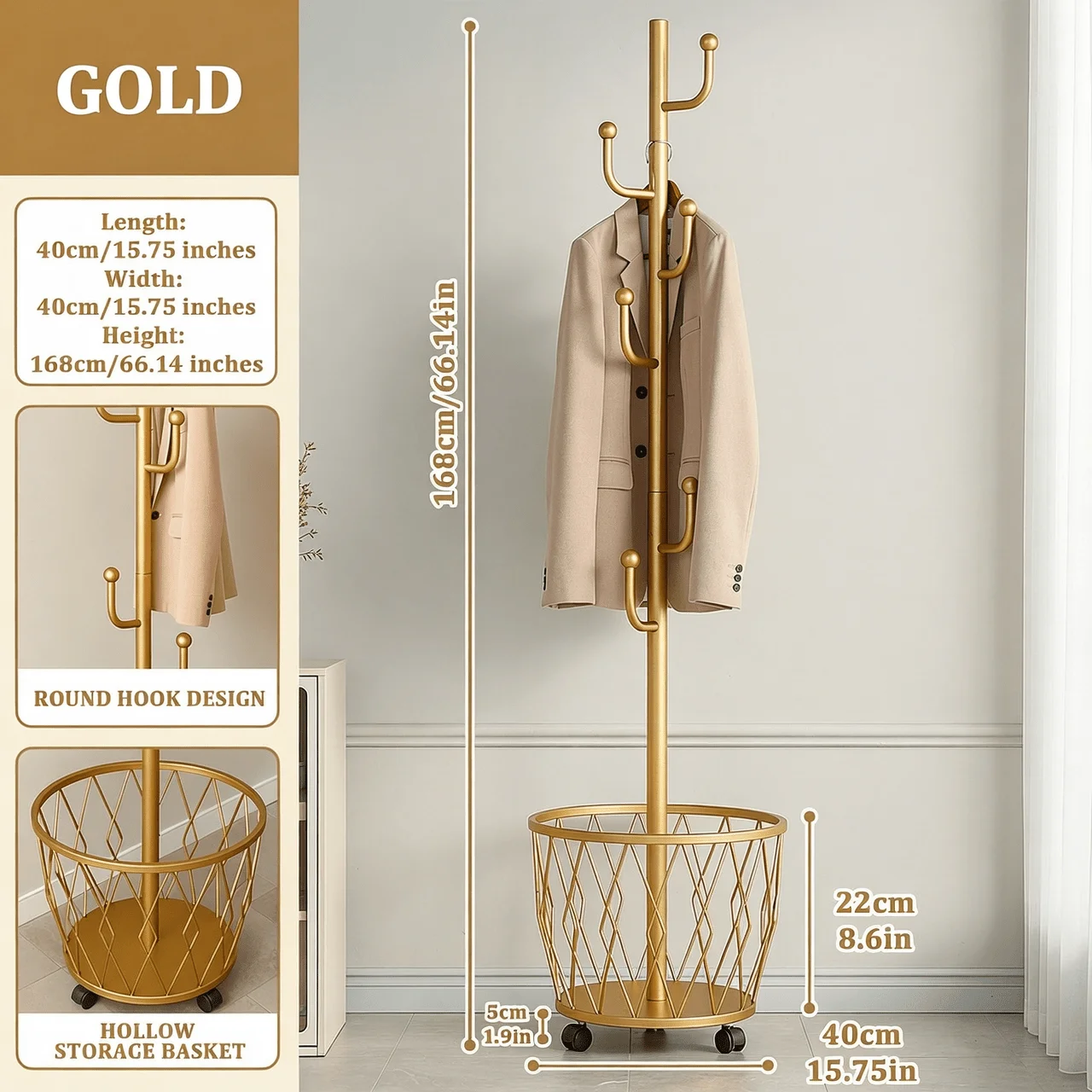 2-in-1 Heavy-Duty Freestanding Rolling Coat Rack with Storage Basket- Mobile Garment Hanger