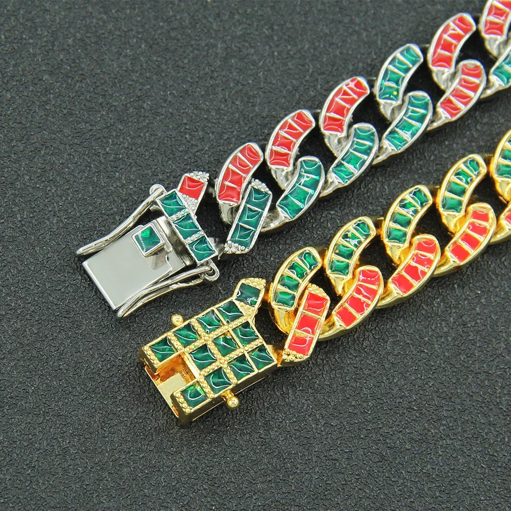 New Couple Choker Necklace 15mm Green Red Cz Stone Mix Colorful Miami Cuban Prong Chain Hip Hop Jewelry For Gift Butterfly Clasp