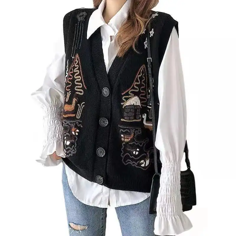 Female Clothing Autumn Winter Preppy Style V-Neck Cartoon Embroidery Sweaters Vest Single-Breasted Sleeveless Knitted Cardigan