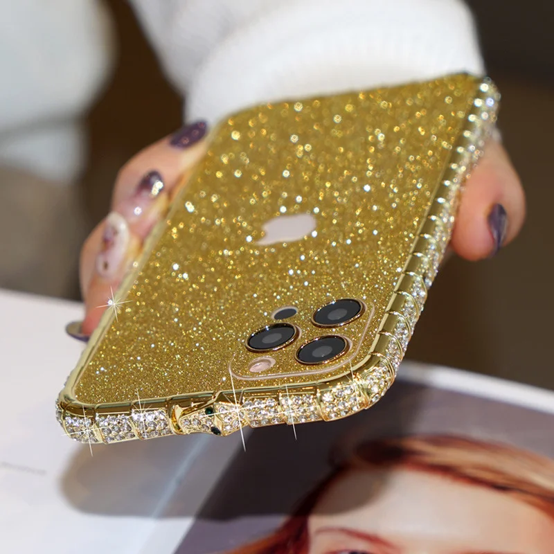 Upscale Luxury Glitter Diamond Phone Case For iPhone 15 14 13 12 11 Pro Max X XR XS 7 8 Plus SE2 Metal Edge Bling Crystal Cover