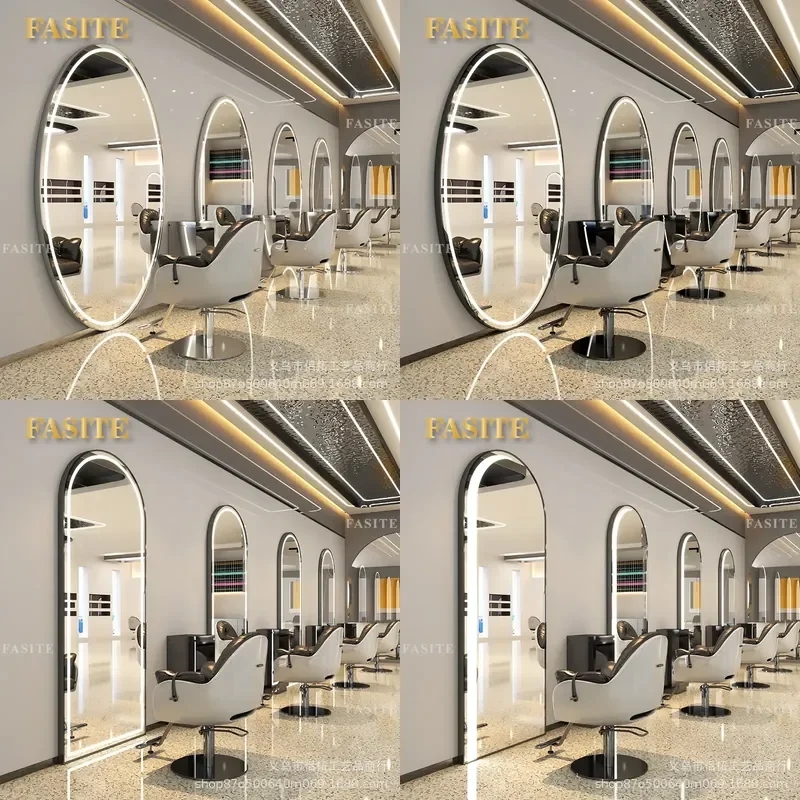 For Barber Shop Hair Floor to Wall Mirror Table with Lamp Single Sided Hair Cutting Mirror Professional Styling Station
