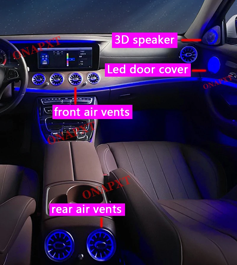 Lámpara LED de ambiente para coche de 64 colores para Benz Clase E W213 Coupe W238, turbina de ventilación de techo, altavoz Tweeter 3D, luz