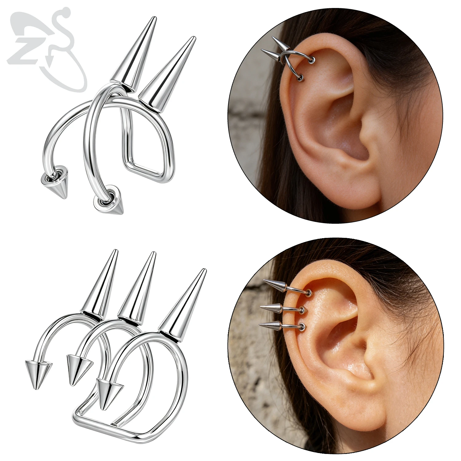 ZS 1 Stück Punk Edelstahl Ohrklemme für Damen und Herren, langer Spike-Ohrclip, Gothic, ohne Piercing, Helix-Knorpel, Fake-Ohrring, 8MM