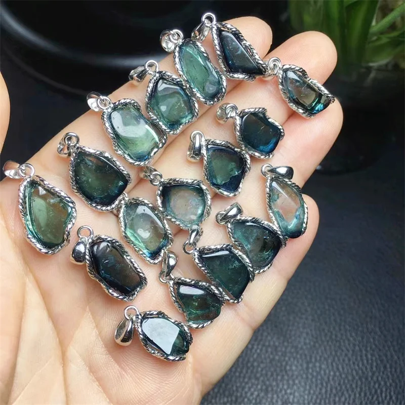 S925 Natural Freeform Blue Tourmaline Pendant DIY Necklace Women Jewelry Romantic Holiday Gift 1PCS