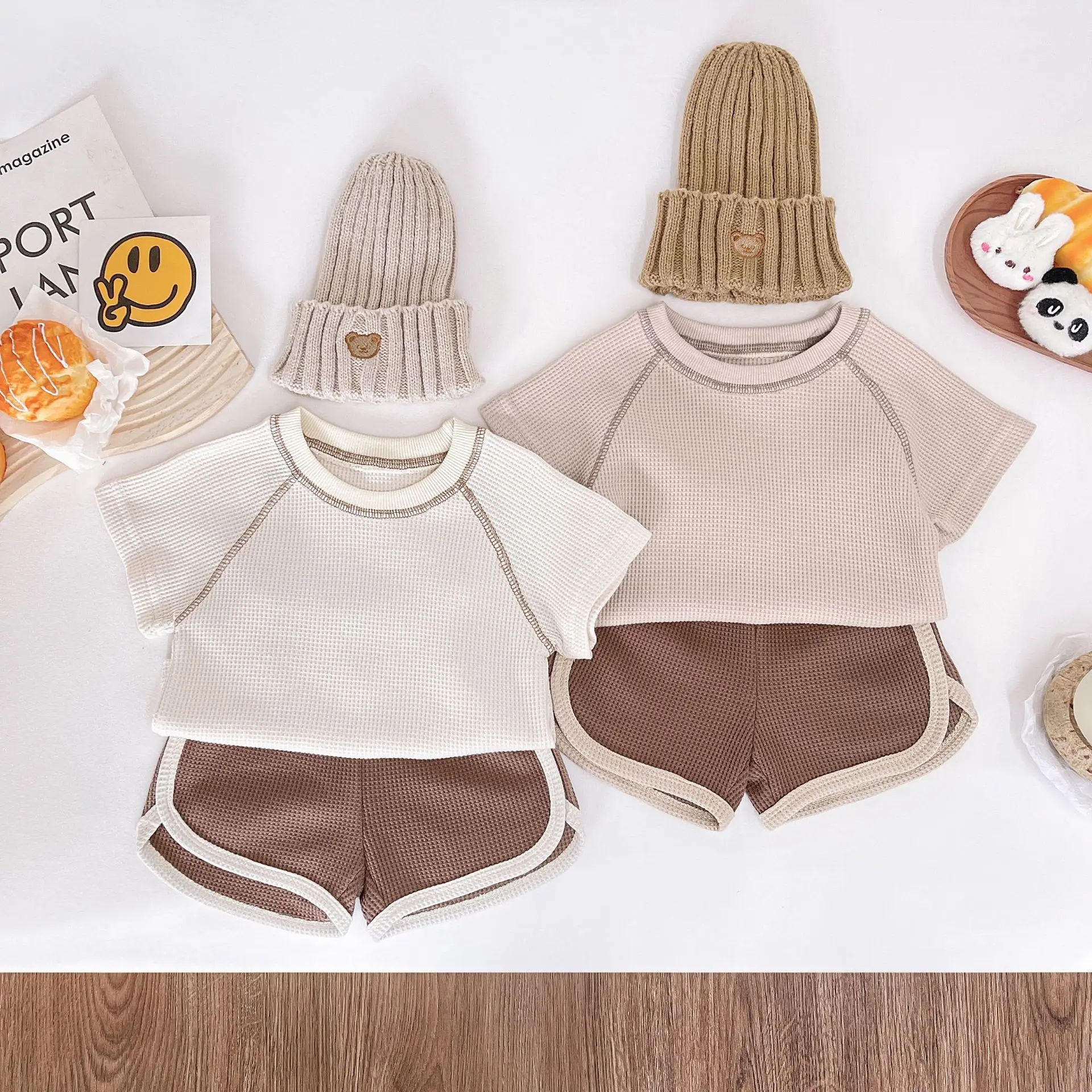 

2026 Summer Baby Korean Style Set Color block Tee+Brown Shorts 2Pcs Clothes for Boys Girls Waffle Toddler Clothes