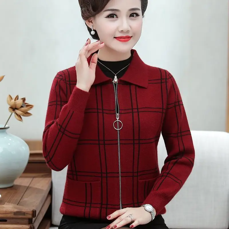 Autumn Winter Turn-down Collar Long Sleeve Fashion Sweater Women High Street Casual Loose Zipper Patchwork Cardigan Plaid Tops