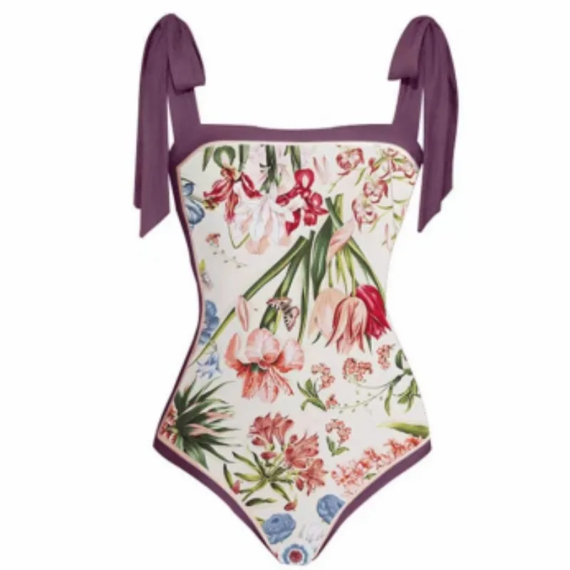 Lotus Pink Print Sling Swimsuit High Waist Slim Retro Square Neck Bikini Sexy One Piece Swimsuit and Beach Skirt Fashion 2023