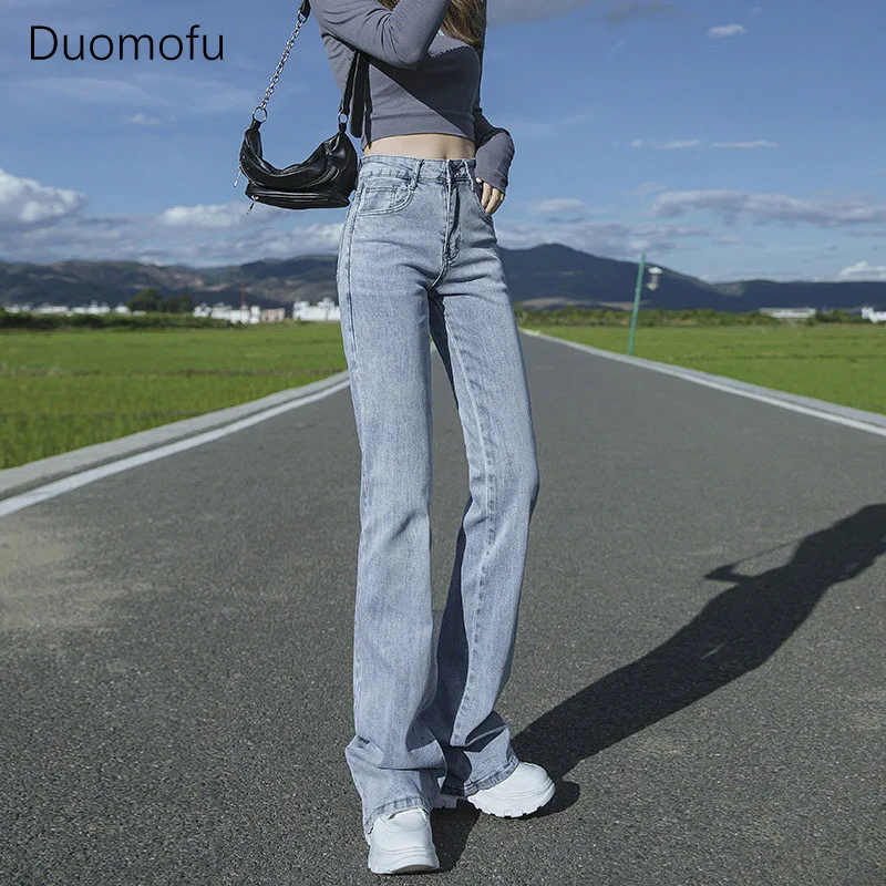 Duomofu Spring Light Blue Classic Full Length Flare Women Jeans Korean Chic Elastic High Waist Slim Fashion Simple Female Jeans