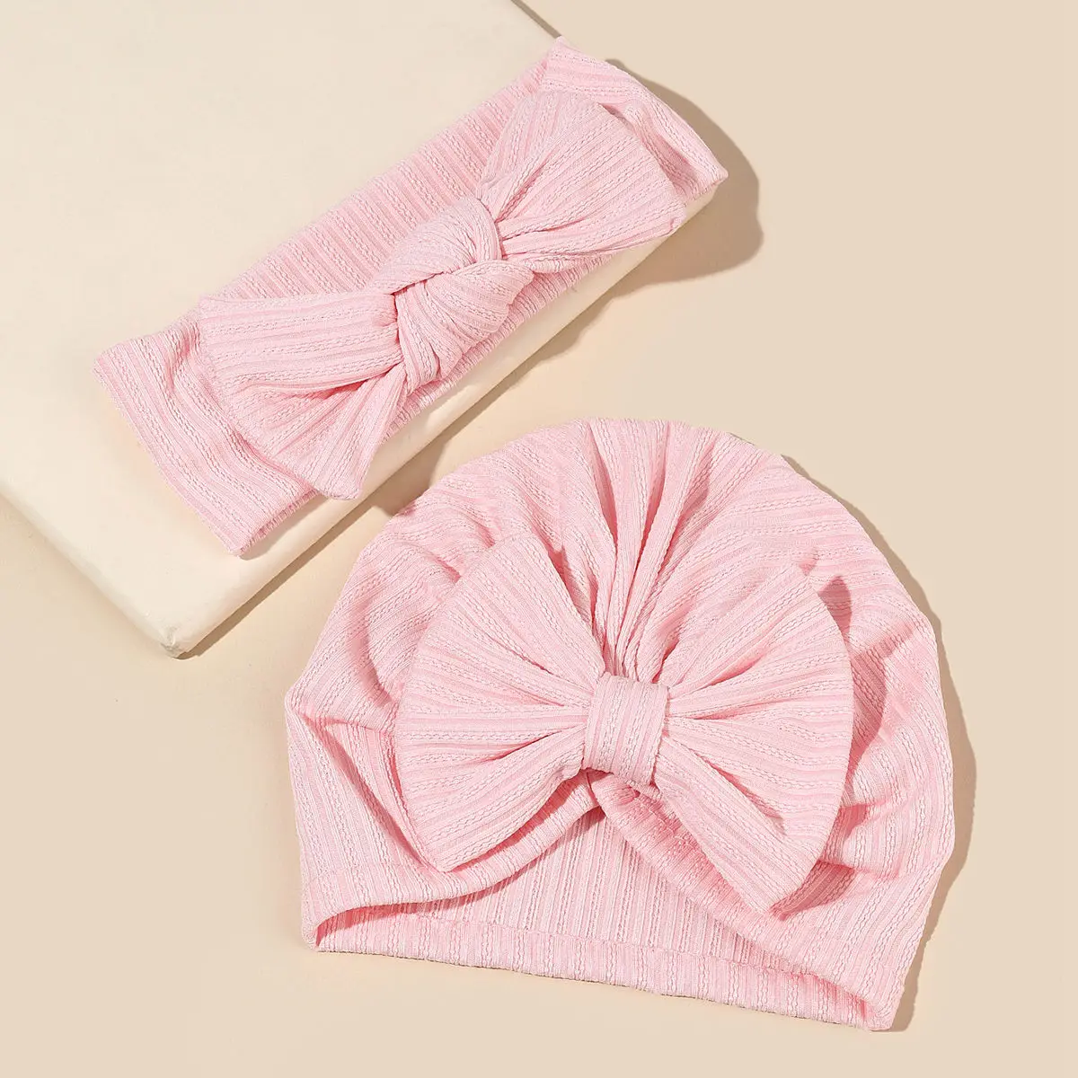 2Pcs/Set Baby Fabric Bow Headband and Hat Set Solid Color Baby Girl Turban Newborn Hair Accessories