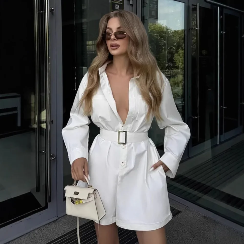 TWOTWINSTYLE Solid Spliced Belt Jumpsuits for Women Lapel Long Sleeve High Waist Minimalist Jumpsuits Female Fashion Style New