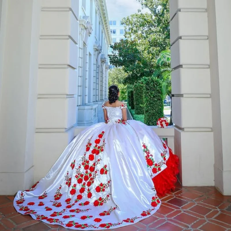 Red Quinceanera Dress off-shoulder Lace  layering glitter flower decal Long tail vestidos de 15 Quinceanera ﻿Customize