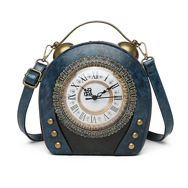 Novelty Antique Clock Crossbody Purse Retro Blue Faux Leather Steampunk Handbag Metal Lace Trim Adjustable Strap for Gothic