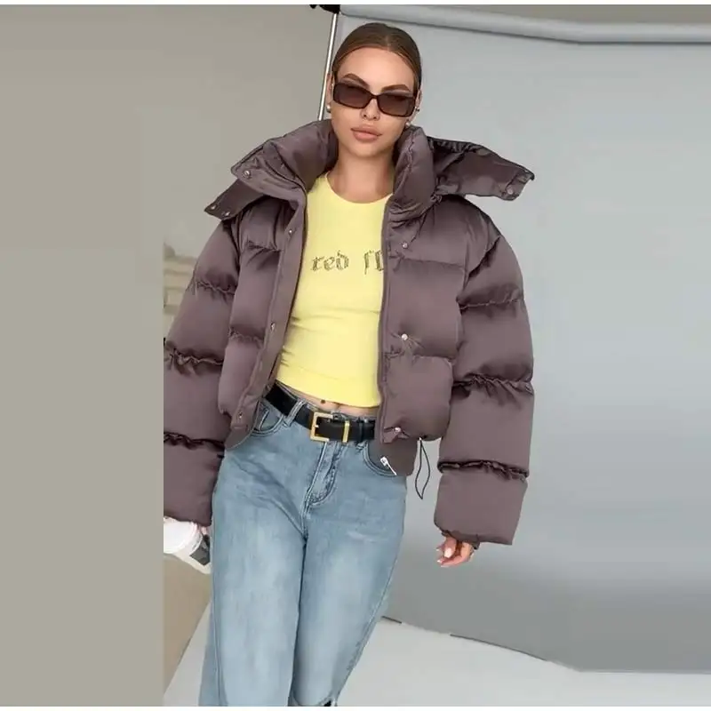 Solid Hooded Cropped Puffer Jacket Women Stand Collar Snap Button Loose Long Sleeve Jackets 2026 Winter Casual Warm Padded Coat