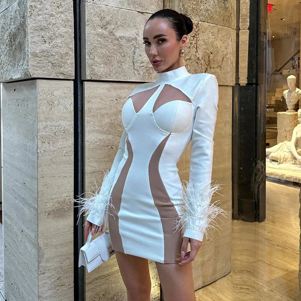 2023 New Fashion Feathers Bandage Dresses Woman Bodycon Long Sleeve Clothes Celebrity Club Party Mini Dresses