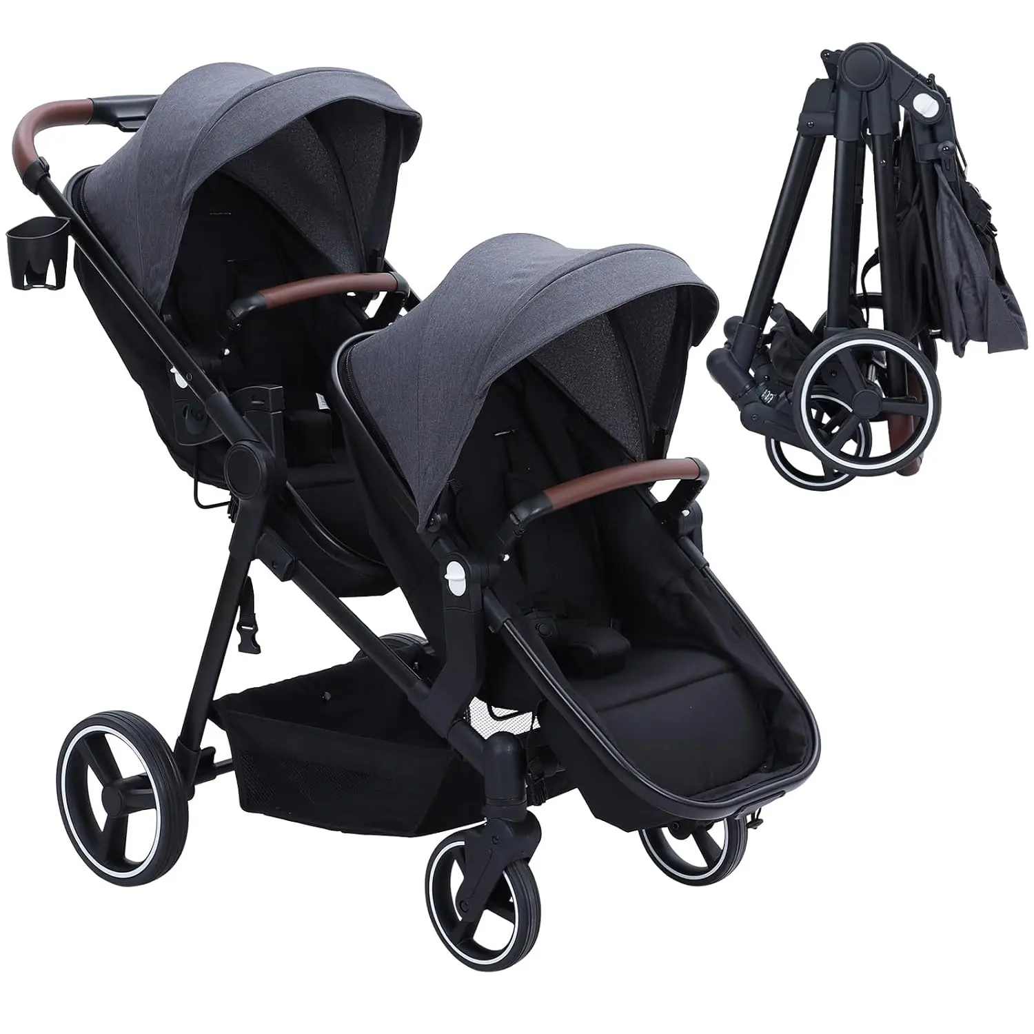 Double Track Tandem Stroller, Foldable Bassinet Pram for Infant and Toddler, Multi-Position Reversible Pushchair