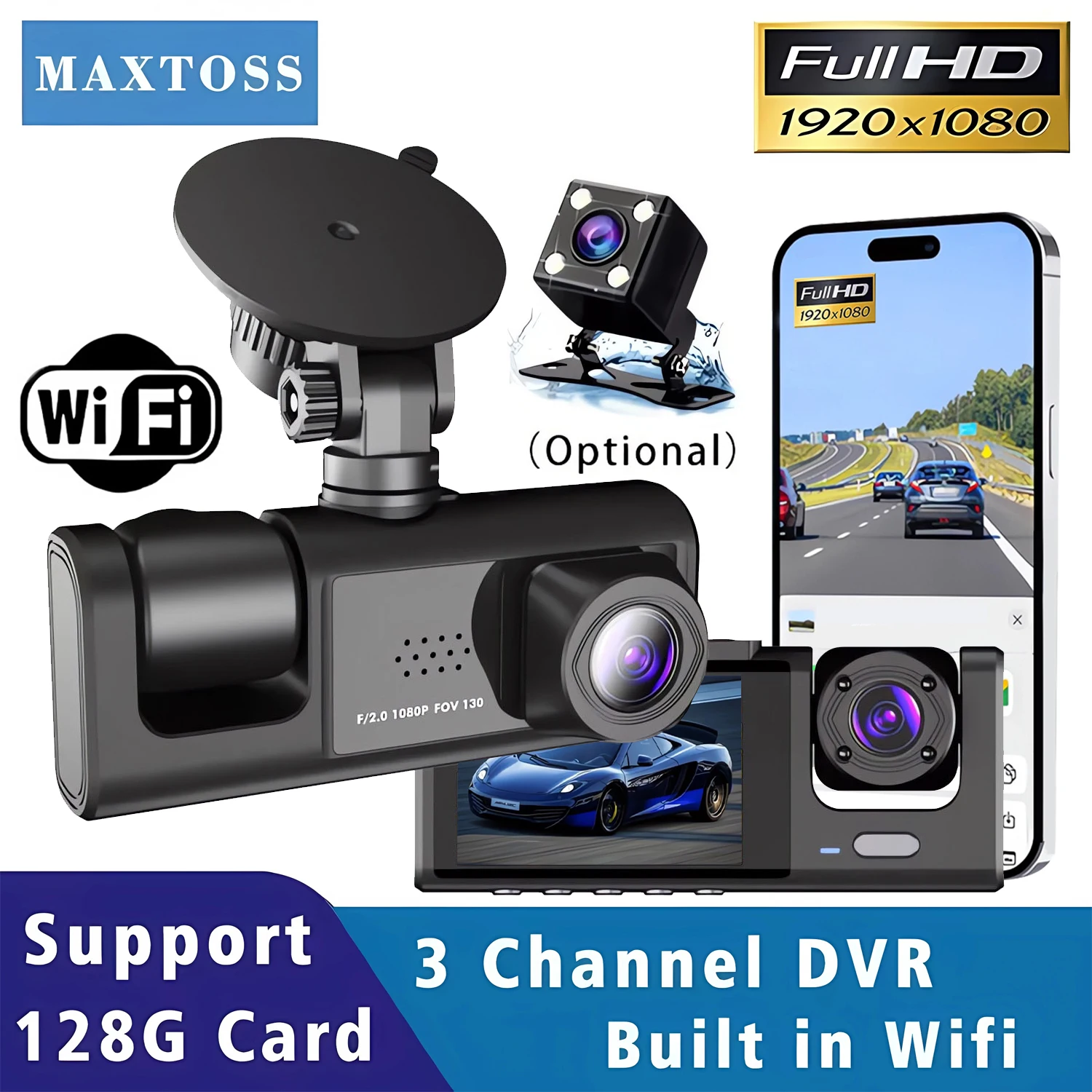 

Видеорегистратор Wi-Fi с 3 каналами, трехсторонняя камера для автомобиля, внутренняя камера для салона, HD 1080P, мини-регистратор, видеокамера