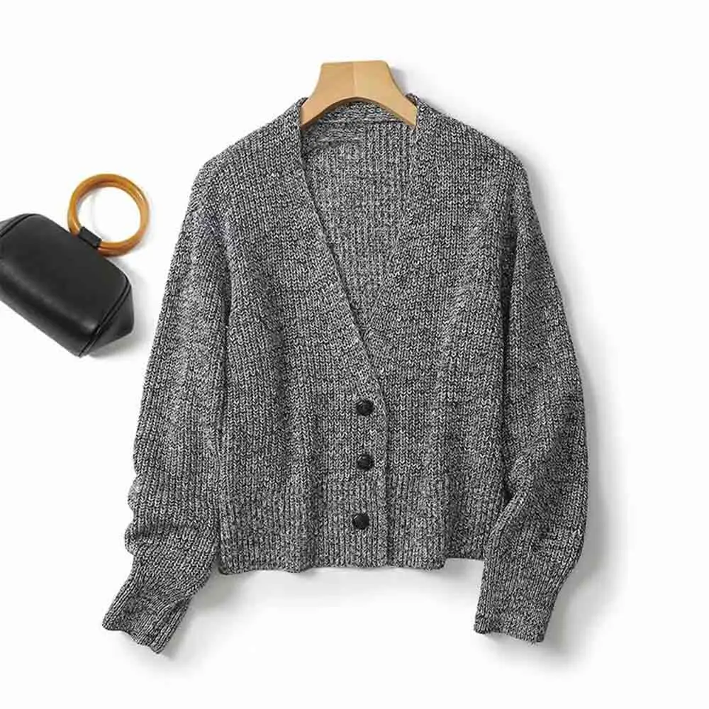 

Women New Fashion Bicolor yarn Cropped V Neck Loose Cardigan Sweater Vintage Long Sleeve Button-up Female Outerwear Chic Tops