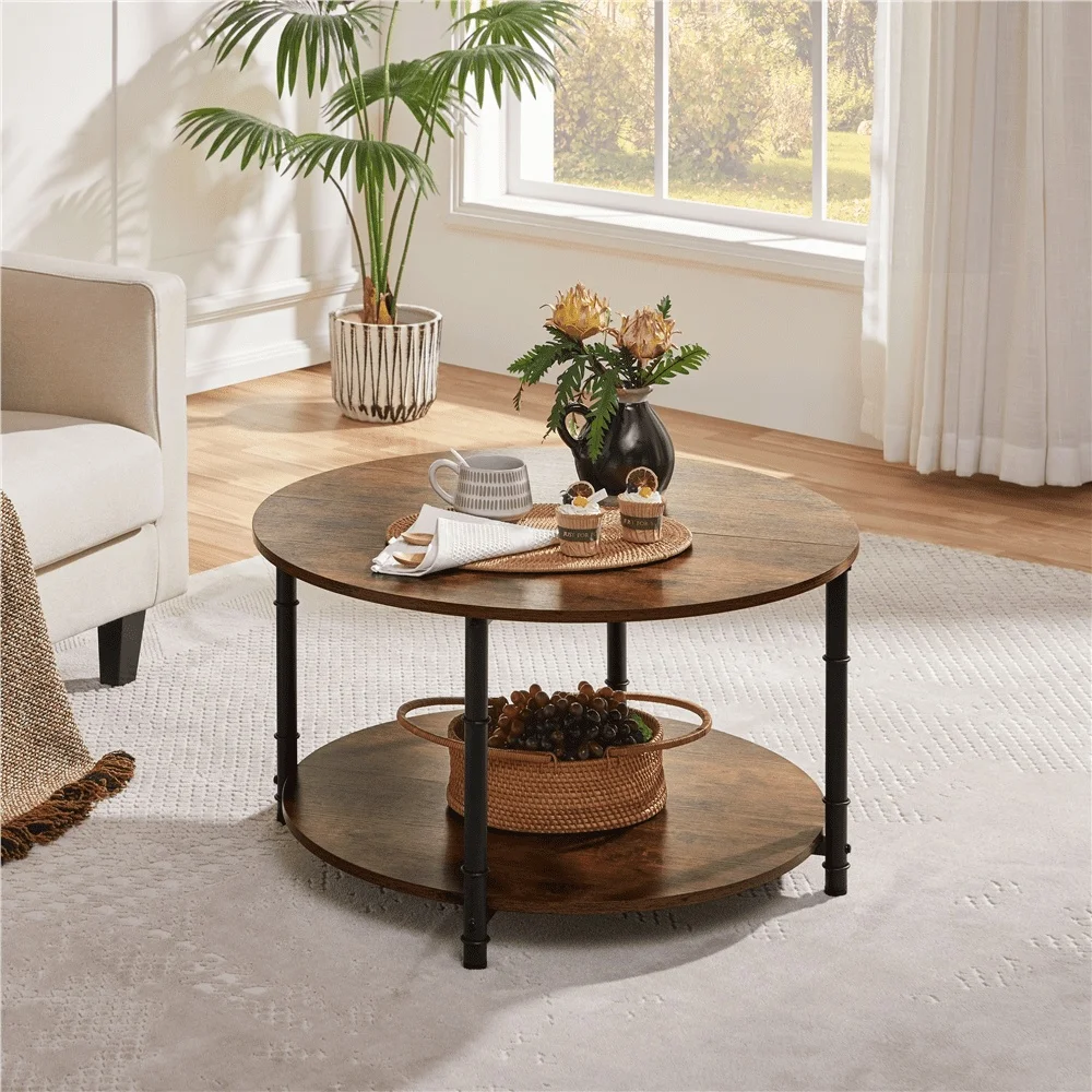 2 Layer Round Coffee Table Vintage Style Rustic Brown Wood Metal Frame Storage Living Room Easy Assembly