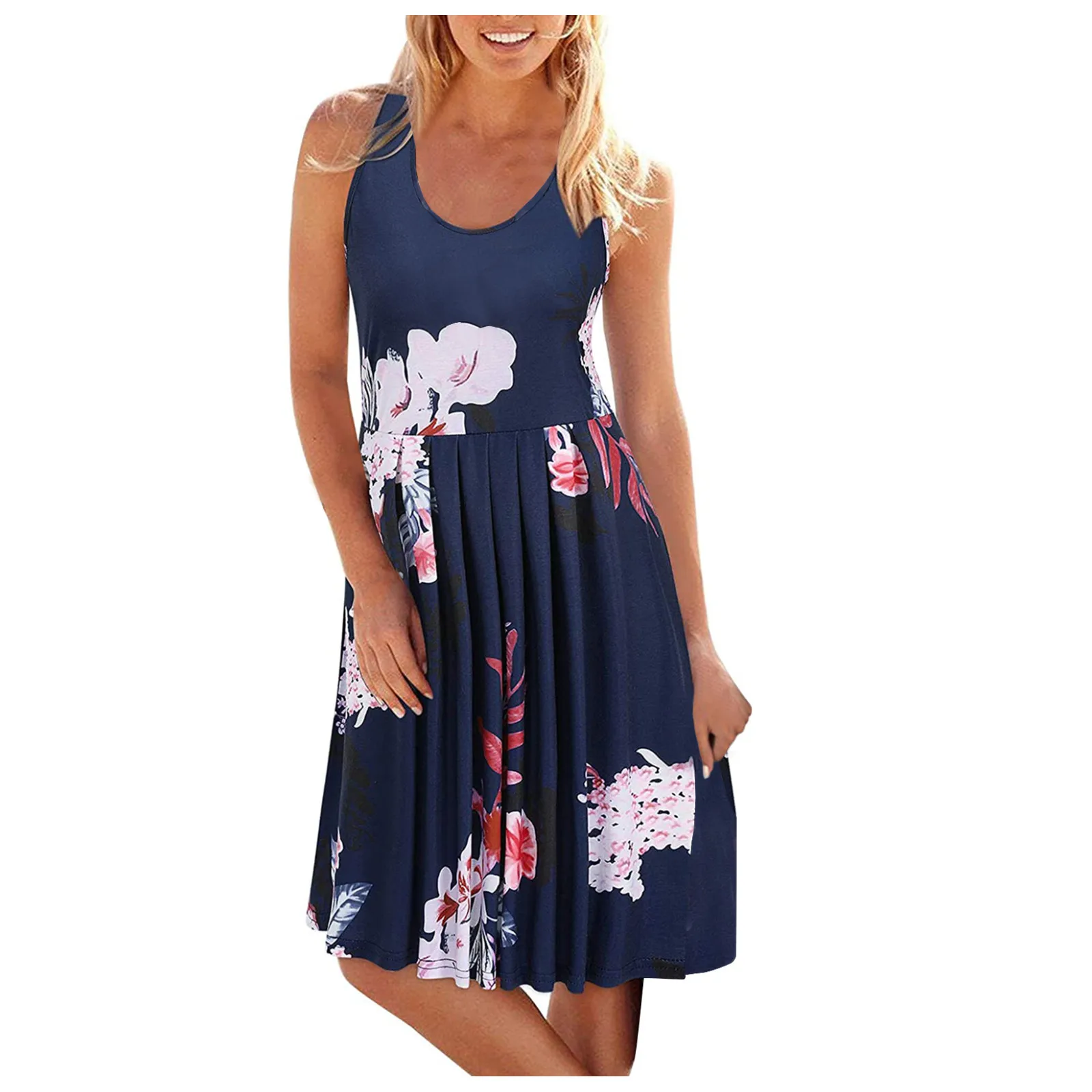 Elegante estampado floral vestido de verão feminino, manga curta, o-pescoço, vestidos curtos plissados, feriado, praia, balanço, boho, vintage