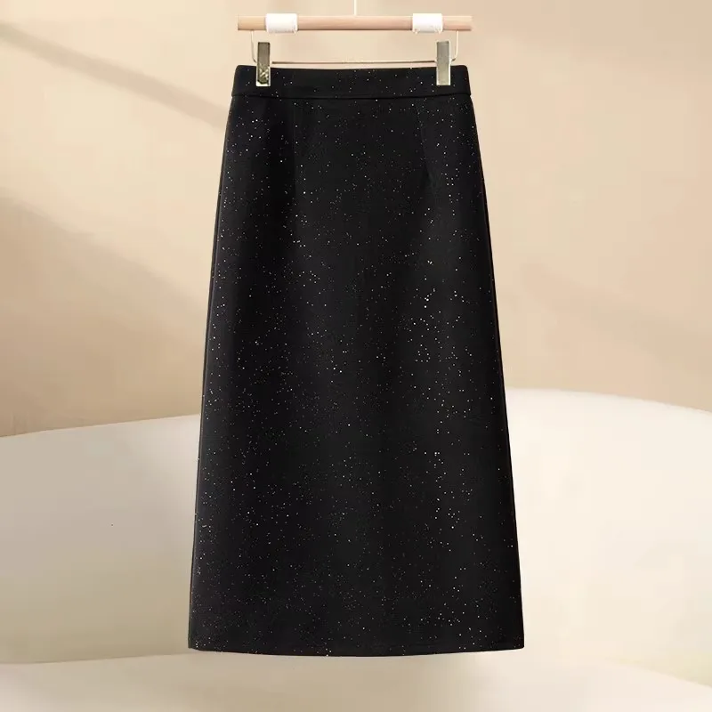 

Autumn Sequin Midi Skirt for Women High Waist A-Line Bodycon Mid-Length Elegant Suit Slit Straight Skirt