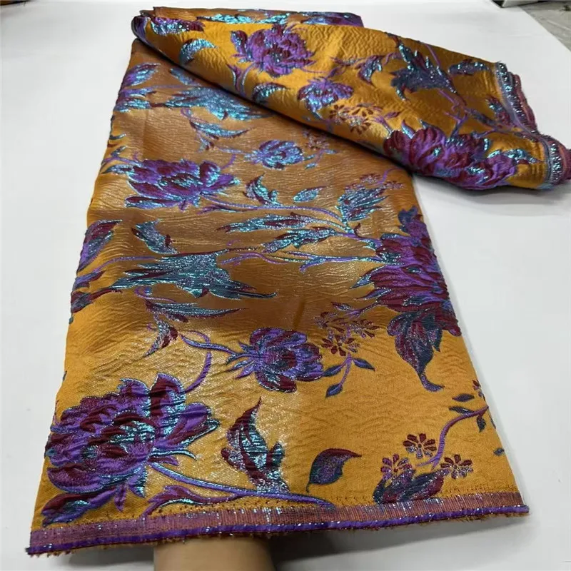 

5 Yards African Gild Jacquard Brocade Lace Fabric 2025 Yellow High Quality Nigerian Material Embroidery Fabrics for Wedding