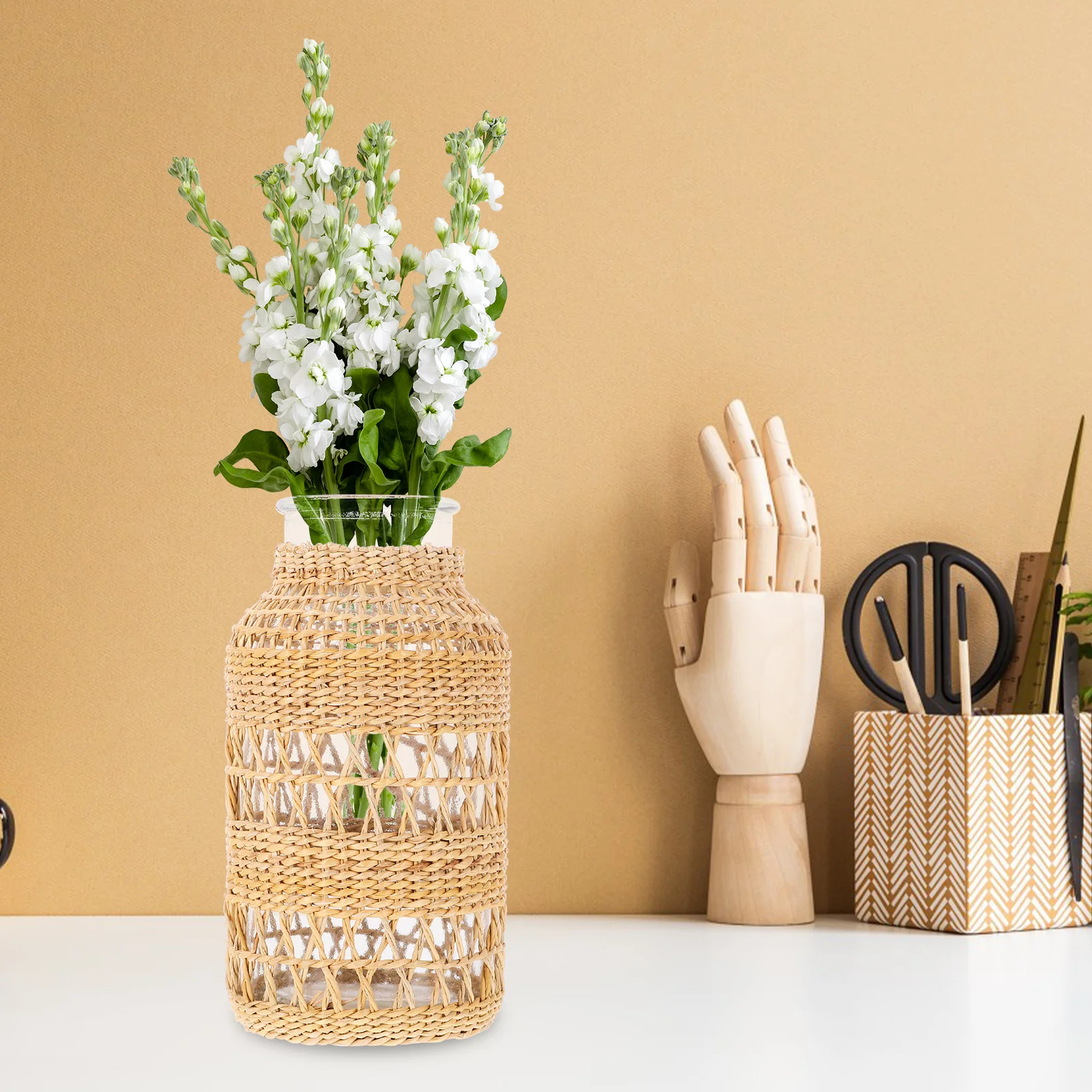 

Rattan Glass Vase Woven Rustic Flower Vase Simple Desktop Planter Home Decoration Flower Pot Fall Vases Plants Container