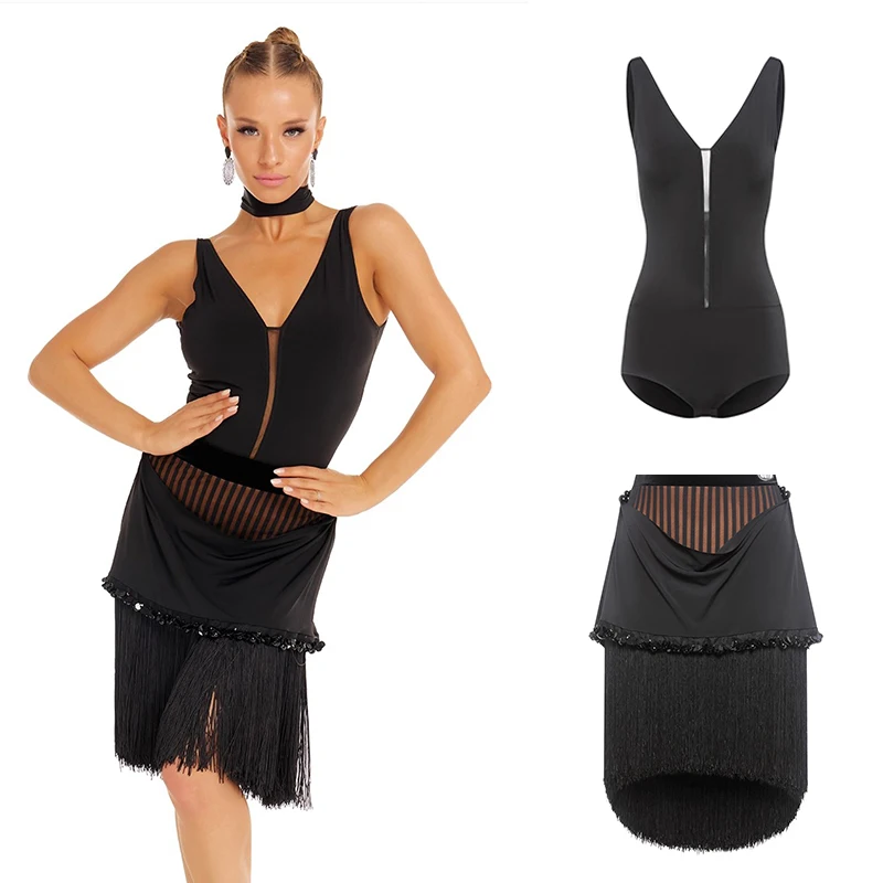 

DUYQ женский черный костюм костюмы для латинских танцев без рукавов с v-образным вырезом топ с кисточками юбка чача румба танцевальная сценическая одежда DN22002