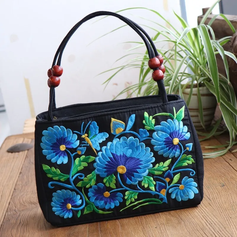 Bird Embroidery Flower Handbag Leaf Canvas Rose Flower Shoulder Bag Underarm Bag Mommy Bag Ethnic Style Tote Bag Ladies/Girls