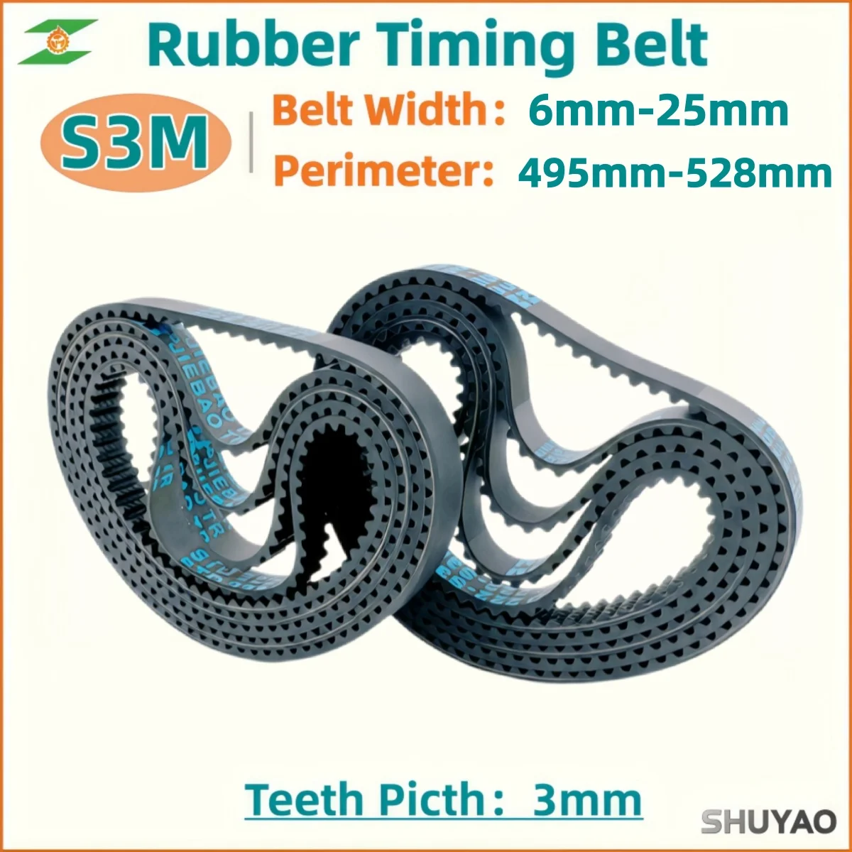 S3M Rubber Synchronous Belt Length 495 498 501 504 507 510 513 516 519 522 525 528mm Width 6-25mm Loop Timing Toothed Drive Belt