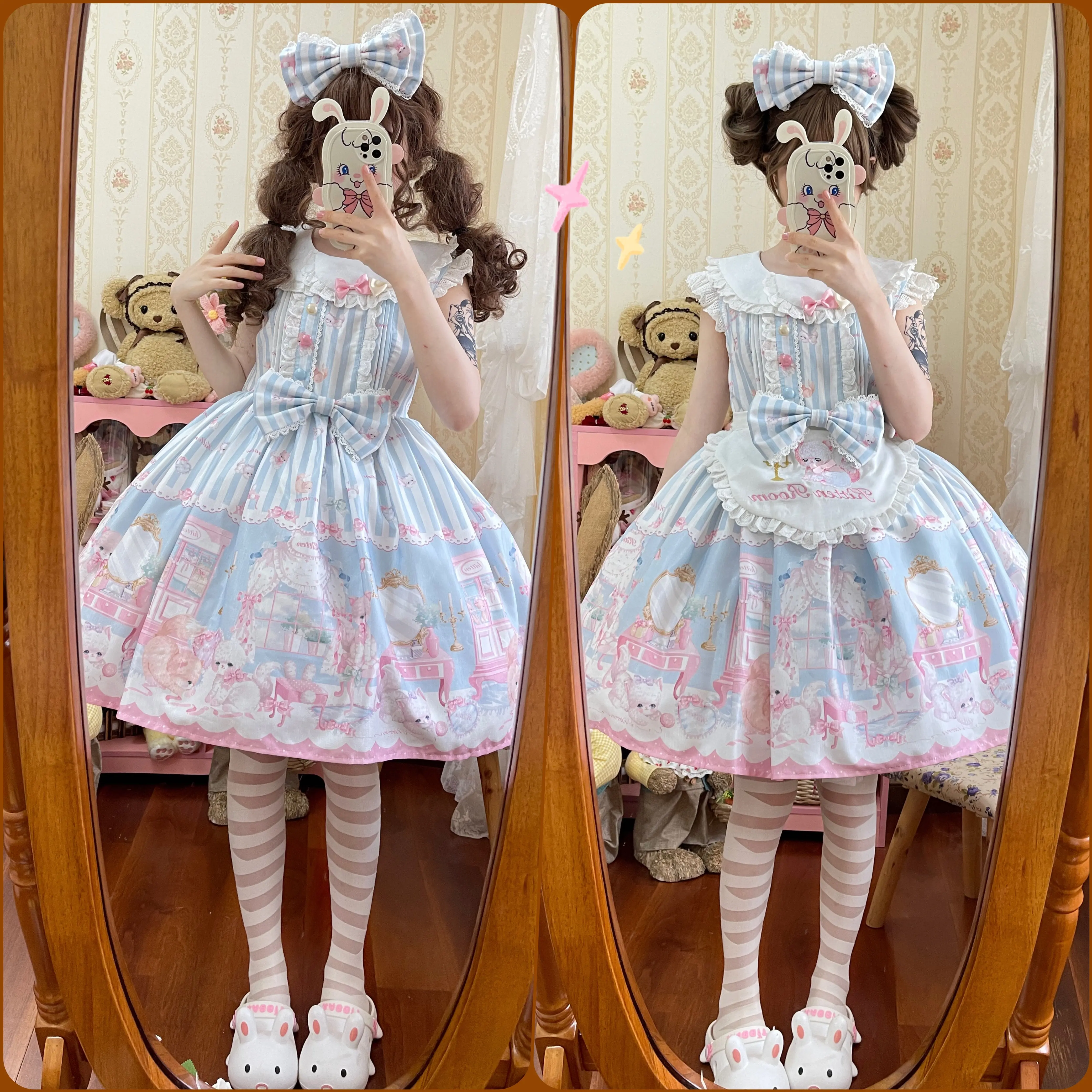 Sweet Lolita Jsk Dress Japanese Soft Girly Camisole Dress Cute Cat Cartoon Printing Bow Sleeveless Lace Ruffles JSK Dress