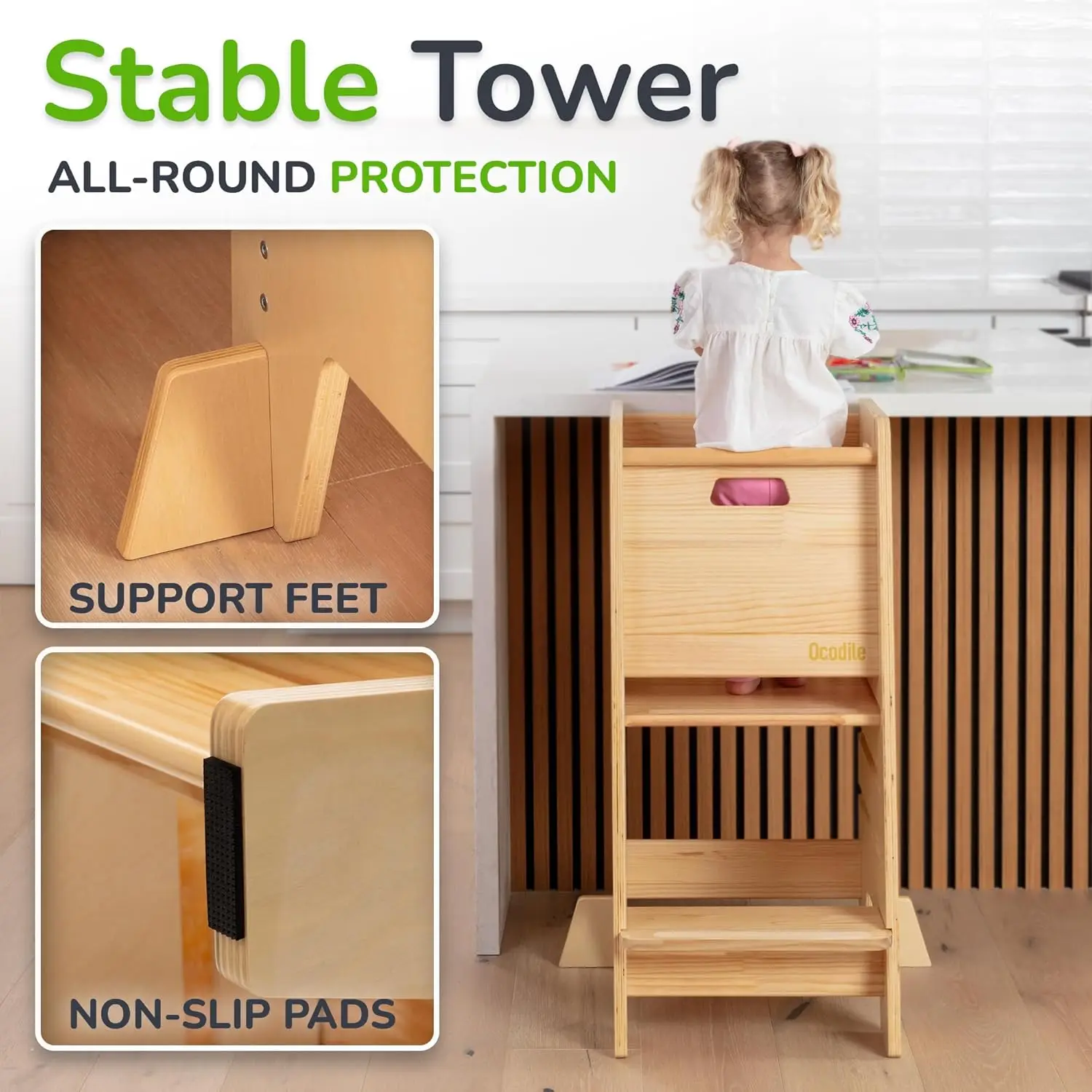Sliding Door and 3 Adjustable Heights - Complete Toddler Kitchen Stool Helper with Support Feet - Safe Design for 18+ Months to