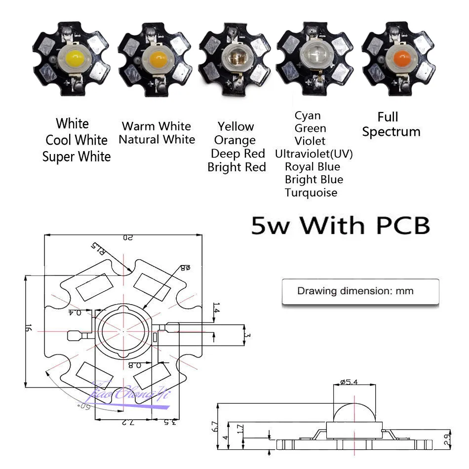 5W ad alta potenza LED chip lampadine SMD COB diodi bianco UV IR spettro completo 395nm 365nm perline di luce con scheda PCB stella 20mm