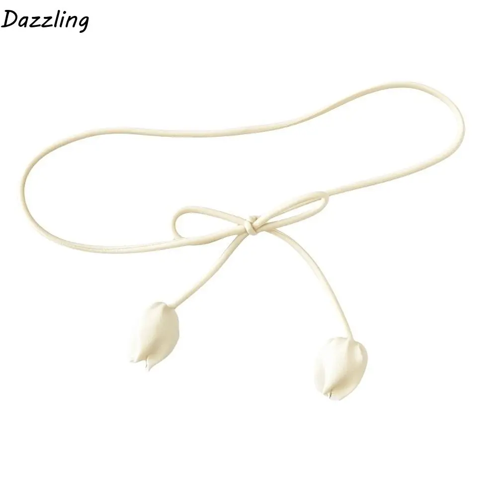 

Fashion PU Leather Tulip String Waistband Long Round Shape Knotted Dress Belt Thin Strap Flower Waist Rope Women's Dress