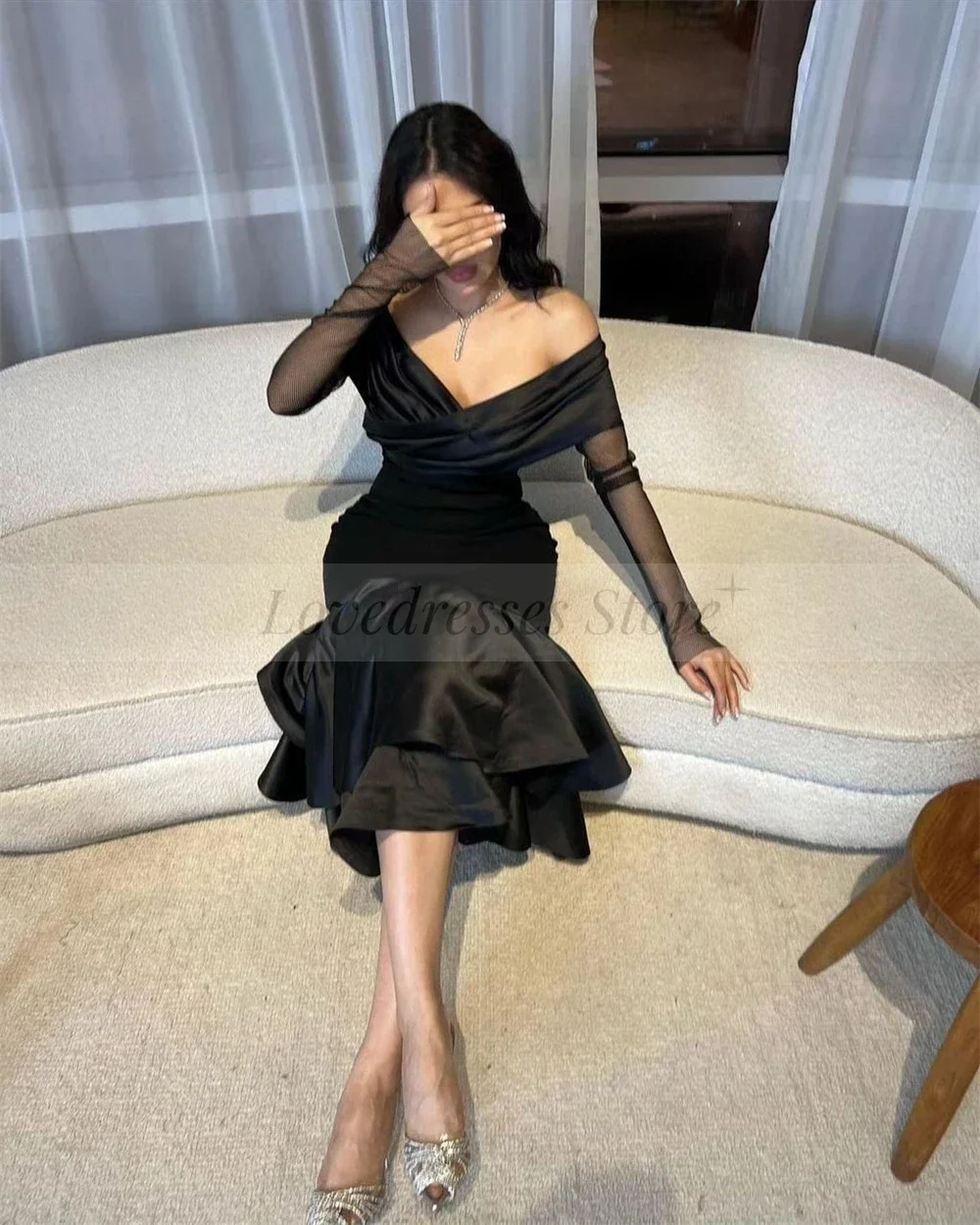 

Customized Trumpet Tea-Length Prom Dresses Long Sleeve Patchwork Satin Prom Gowns Sexy Off The Shoulder Elegant Evening Dress