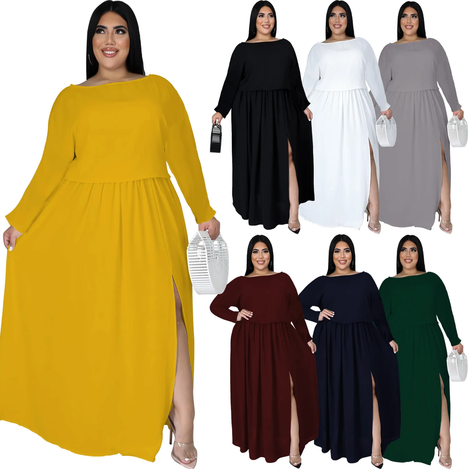 HAOOHU Plus Size Fashion Dress Soild 2 Piece Sets Long Sleeve Autumn Large Swing Slit Skirt Suit Loose Casual Fall Clothes 2023