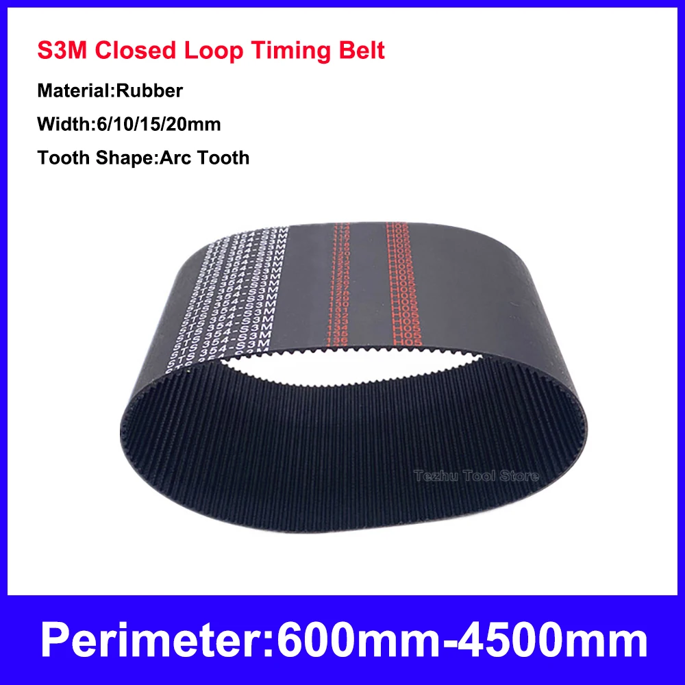 1PCS S3M Timing Belt Perimeter 600mm-4500mm Black Rubber Closed Loop Synchronous Belt Width 6/10/15/20mm Transmission Parts